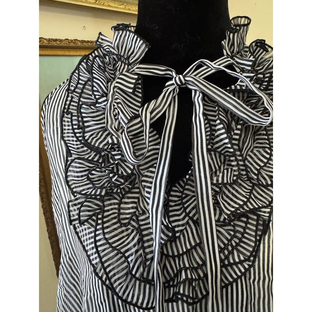 Begum Sheer Ruffle Tie Neck Blouse Black White Striped Romantic Coquette Top - Picture 2 of 9